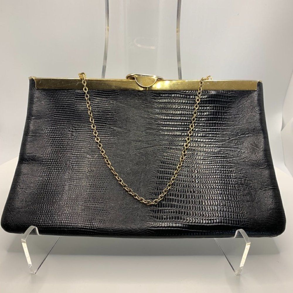 Vintage Etra Black and Brass Chain Croc Embossed Leather Purse